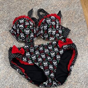Hot Topic Skull Print Bikini with Red Accents and polka dots size medium